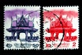 A stamp printed in Thailand shows an image of Thai Pavilion in purple and red color.